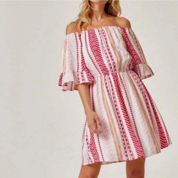 Emily Wonder NWT Pink Ruffle Elastic Geometric Print Casual Dress 1X - Picture 2 of 11